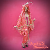 Champagne New Year's Eve Beaded Fringe Art Deco, Pink Golden Bat Wing Burlesque Flowing Dressing Gown, 1920s Cocoon Robe Flapper Kimono Gatsby Erte NYE Theater Costume Reveal Poiret Mardi Gras Drag Queen Drop Waist Jezebel's Fascination Boudoir Vaudeville