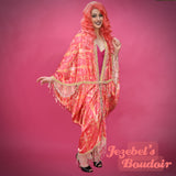 Champagne New Year's Eve Beaded Fringe Art Deco, Pink Golden Bat Wing Burlesque Flowing Dressing Gown, 1920s Cocoon Robe Flapper Kimono Gatsby Erte NYE Theater Costume Reveal Poiret Mardi Gras Drag Queen Drop Waist Jezebel's Fascination Boudoir Vaudeville
