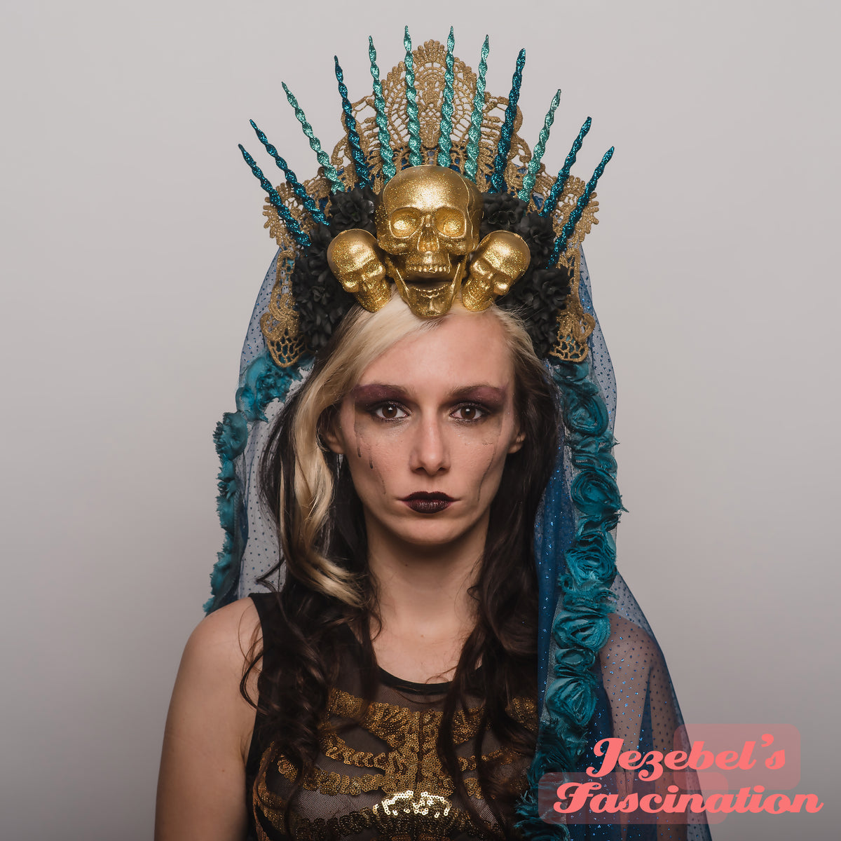 Tribal style golden skull fascinator outlet with crown