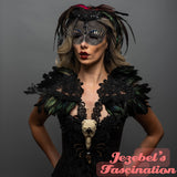 Black Lace Bird Skull Feather Chest Piece Oddity Raven Crow Coffin Locket Bones Witch Doctor Epaulettes Cryptic Voodoo Gothic Romantic Statement Witch Costume Shaman Morrigan Bib WGT Festival Theater Halloween Renaissance Tribal Pagan New Orleans