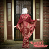 Majestic Dark Red Maroon Damask Brocade Robe, Regal Fortune Teller Art Nouveau Reveal, Vampire Costume Kimono, Bat Wing Bohemian Dressing Gown, Cocoon Beaded Fringe Duster Drag Queen Burlesque Flowing Jacquard My Fair Lady Royal Romantic New Orleans
