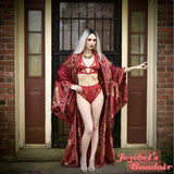 Majestic Dark Red Maroon Damask Brocade Robe, Regal Fortune Teller Art Nouveau Reveal, Vampire Costume Kimono, Bat Wing Bohemian Dressing Gown, Cocoon Beaded Fringe Duster Drag Queen Burlesque Flowing Jacquard My Fair Lady Royal Romantic New Orleans