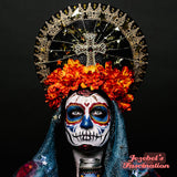 Day of Dead Dia de Muertos Virgin Mary Halo Saint Flower Crown Halo Cempazuchitl Marigold Veil Gold Star Light Up Headpiece Headdress Mantilla Cempasuchil Cross Floral Death Our Lady Guadalupe Santa Maria Heavenly Bodies Catholic