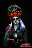 Day of Dead Dia de Muertos Virgin Mary Halo Saint Flower Crown Halo Cempazuchitl Marigold Veil Gold Star Light Up Headpiece Headdress Mantilla Cempasuchil Cross Floral Death Our Lady Guadalupe Santa Maria Heavenly Bodies Catholic