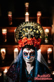 Day of Dead Dia de Muertos Virgin Mary Halo Saint Flower Crown Halo Cempazuchitl Marigold Veil Gold Star Light Up Headpiece Headdress Mantilla Cempasuchil Cross Floral Death Our Lady Guadalupe Santa Maria Heavenly Bodies Catholic