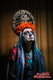 Day of Dead Dia de Muertos Virgin Mary Halo Saint Flower Crown Halo Cempazuchitl Marigold Veil Gold Star Light Up Headpiece Headdress Mantilla Cempasuchil Cross Floral Death Our Lady Guadalupe Santa Maria Heavenly Bodies Catholic