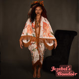 Moth Art Nouveau Bat Wing Dressing Gown, Fortune Teller Cocoon Robe, Flowing Oracle Golden Teal Green Orange Occult Oddity Priestess Kimono, Fringe Duster, Belly Dance Burlesque Festival Costume Fantasy Goddess Majestic Bohemian Mother Earth Autumn Fall