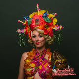 Tiki Bamboo Floral Light Up Headdress Flamingo Kanzashi Headpiece Oasis Flower Crown Hukilau Polynesian Caribbean Asian Luau Tropical Colorful Rainbow Cocktail Parasol Umbrella Gingko Leaves Unique Pin Up Kitsch Parade Mardi Gras