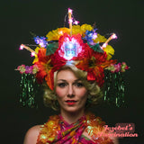 Tiki Bamboo Floral Light Up Headdress Flamingo Kanzashi Headpiece Oasis Flower Crown Hukilau Polynesian Caribbean Asian Luau Tropical Colorful Rainbow Cocktail Parasol Umbrella Gingko Leaves Unique Pin Up Kitsch Parade Mardi Gras