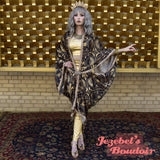 Geometric Art Deco Mid Century Satin Bat Wing Gown, Egyptian Goddess Seshat Cocoon Dressing Robe, Beaded Fringe Golden Purple Plum Eggplant Poiret Kimono Wrap, Priestess Bohemian Majestic Queen Burlesque Costume Mardi Gras Jezebel's Boudoir