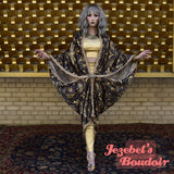 Geometric Art Deco Mid Century Satin Bat Wing Gown, Egyptian Goddess Seshat Cocoon Dressing Robe, Beaded Fringe Golden Purple Plum Eggplant Poiret Kimono Wrap, Priestess Bohemian Majestic Queen Burlesque Costume Mardi Gras Jezebel's Boudoir
