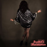 Art Nouveau Star Bat Wing Gown Dressing Robe Black Silver Sequin Fringe Belly Dance Wrap Fantasy Drag Queen Burlesque Art Deco Flowing Costume Goddess Gothic Romantic Witch Celectial WGT Majestic Vaudeville Fortune Teller Jezebel's Fascination Boudoir