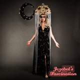 Star Halo Crown Celestial Gold Silver Velvet Headpiece Fringe Burlesque Galactic Queen Cosmic Goddess Costume Maternity Art Nouveau Headdress Vaudeville Fortune Teller Mystical Unique New Orleans Mardi Gras Carnival Headwear Hand Made Magic Witch Wizard