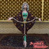 Scarab Sheer Bat Wing Gown, Egyptian Beetle Cocoon Dressing Robe, Flowing Lotus Beaded Fringe Goddess Poiret Kimono Wrap, Priestess Bohemian Majestic Queen Burlesque Dance Carnival Costume Mardi Gras Louisiana Purple Green Gold Jezebel's Boudoir