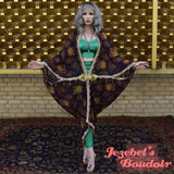 Scarab Sheer Bat Wing Gown, Egyptian Beetle Cocoon Dressing Robe, Flowing Lotus Beaded Fringe Goddess Poiret Kimono Wrap, Priestess Bohemian Majestic Queen Burlesque Dance Carnival Costume Mardi Gras Louisiana Purple Green Gold Jezebel's Boudoir