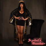 New Orleans Mardi Gras Fringe Carnival Art Deco Fleur de Lis Bat Wing Burlesque Flowing Dressing Gown 1920s Cocoon Robe Flapper Kimono Gatsby Black Gold Erte Costume Poiret Drag Queen Drop Waist Jezebel's Fascination Boudoir Bohemian Louisiana