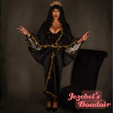 New Orleans Mardi Gras Fringe Carnival Art Deco Fleur de Lis Bat Wing Burlesque Flowing Dressing Gown 1920s Cocoon Robe Flapper Kimono Gatsby Black Gold Erte Costume Poiret Drag Queen Drop Waist Jezebel's Fascination Boudoir Bohemian Louisiana