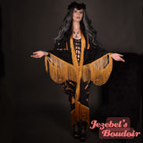 Hecate Triple Moon Witch Goddess Crescent Tarot Kimono Fringe Duster Fortune Teller Bohemian Oracle Burning Man Bat Wing Dressing Gown Oddity Festival Cocoon Robe Art Nouveau Black Gold Poiret Drag Queen Burlesque Costume Occult Gothic Romantic Priestess
