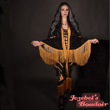 Hecate Triple Moon Witch Goddess Crescent Tarot Kimono Fringe Duster Fortune Teller Bohemian Oracle Burning Man Bat Wing Dressing Gown Oddity Festival Cocoon Robe Art Nouveau Black Gold Poiret Drag Queen Burlesque Costume Occult Gothic Romantic Priestess