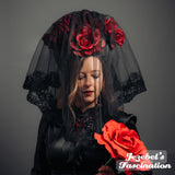 Rococo Rose Vampire Bride Veil Victorian Kokoshnik WGT Black Grey Gothic Romantic Bridal Crown Blood Red Mistress Queen Wedding Headdress Costume Masquerade Mantilla Spanish Countess Boofer Gothique Romantique Mourning Underground Underworld Cryptic