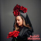 Rococo Rose Vampire Bride Veil Victorian Kokoshnik WGT Black Grey Gothic Romantic Bridal Crown Blood Red Mistress Queen Wedding Headdress Costume Masquerade Mantilla Spanish Countess Boofer Gothique Romantique Mourning Underground Underworld Cryptic