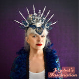 Navy Ethereal Crescent Moon Star Oracle, Celestial Queen Majestic Silver Crown, Winter Princess Icicle Snowflake Headdress, Costume, Goddess Cosmic Planets Rave Headpiece, Galaxy Empress Space Mardi Gras Carnival Cosplay Heavenly Bodies Headwear