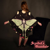 Luna Moth Art Nouveau Moon Star Black Celestial Mint Witch Bat Wing Fortune Teller Oracle Beaded Fringe Dressing Gown Duster Festival Kimono Oddity Robe Flowing Belly Dance Wrap Goddess Fantasy Queen Costume Majestic Priestess Jezebel's Boudoir
