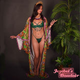Leopard Velvet Bat Wing Gown Egyptian Green Crocodile Cocoon Dressing Robe Feather Fringe Swamp Poiret Kimono Wrap Bohemian Alligator Queen Burlesque Goddess Dance Carnival Costume Mardi Gras Majestic Louisiana Purple Green Gold Jezebel's Boudoir