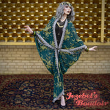 Mermaid Art Deco Erte Kimono, Crescent Moon Star Celestial Golden Teal Black Pearl Beaded Fringe Duster, Siren 1920s Bohemian Water Element Goddess Bat Wing Robe, Dressing Gown Festival Cocoon Poiret Drag Queen Burlesque Costume Gothic Romantic
