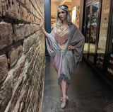 Lavender Art Nouveau Pink Iridescent Silver Fringe Duster Flapper Costume Burlesque Cover Gatsby Fantasy Bohemian Flowing Bat Wing Kimono Cocoon Poiret Fortune Teller Belly Dance Drag Queen Burlesque Fantasy Festival Carnival Goddess Majestic Purple