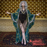 Mermaid Art Deco Erte Kimono, Crescent Moon Star Celestial Golden Teal Black Pearl Beaded Fringe Duster, Siren 1920s Bohemian Water Element Goddess Bat Wing Robe, Dressing Gown Festival Cocoon Poiret Drag Queen Burlesque Costume Gothic Romantic