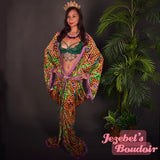 Leopard Velvet Bat Wing Gown Egyptian Green Crocodile Cocoon Dressing Robe Feather Fringe Swamp Poiret Kimono Wrap Bohemian Alligator Queen Burlesque Goddess Dance Carnival Costume Mardi Gras Majestic Louisiana Purple Green Gold Jezebel's Boudoir