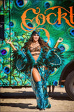 Tiger Art Nouveau Fortune Teller Bat Wing Goddess Dressing Gown, Blue Geisha Peacock Cocoon Robe, Glam Kimono Feather Fringe Bohemian Poiret Flowing Wrap Drag Queen Burlesque Belly Dance Carnival Drop Waist Theater Costume Majestic Jezebel's Boudoir