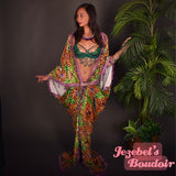 Leopard Velvet Bat Wing Gown Egyptian Green Crocodile Cocoon Dressing Robe Feather Fringe Swamp Poiret Kimono Wrap Bohemian Alligator Queen Burlesque Goddess Dance Carnival Costume Mardi Gras Majestic Louisiana Purple Green Gold Jezebel's Boudoir