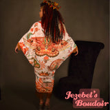 Moth Art Nouveau Bat Wing Dressing Gown, Fortune Teller Cocoon Robe, Flowing Oracle Golden Teal Green Orange Occult Oddity Priestess Kimono, Fringe Duster, Belly Dance Burlesque Festival Costume Fantasy Goddess Majestic Bohemian Mother Earth Autumn Fall
