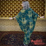 Mermaid Art Deco Erte Kimono, Crescent Moon Star Celestial Golden Teal Black Pearl Beaded Fringe Duster, Siren 1920s Bohemian Water Element Goddess Bat Wing Robe, Dressing Gown Festival Cocoon Poiret Drag Queen Burlesque Costume Gothic Romantic