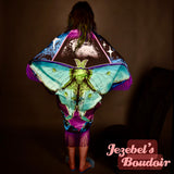 Luna Moth Geometric Moon Star Purple Black Witch Bat Wing Fortune Teller Oracle Duster Kimono Priestess Fringe Dressing Gown Festival Mystical Blue Oddity Robe Flowing Belly Bohemian Dance Wrap Goddess Fantasy Queen Costume Jezebel's Boudoir Wings