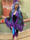 Luna Moth Geometric Moon Star Purple Black Witch Bat Wing Fortune Teller Oracle Duster Kimono Priestess Fringe Dressing Gown Festival Mystical Blue Oddity Robe Flowing Belly Bohemian Dance Wrap Goddess Fantasy Queen Costume Jezebel's Boudoir Wings