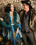 Tiger Art Nouveau Fortune Teller Bat Wing Goddess Dressing Gown, Blue Geisha Peacock Cocoon Robe, Glam Kimono Feather Fringe Bohemian Poiret Flowing Wrap Drag Queen Burlesque Belly Dance Carnival Drop Waist Theater Costume Majestic Jezebel's Boudoir