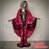 Cherry Blossom Japanese Crane, Art Nouveau Kimono, Fringe Bat Wing Goddess Dressing Gown, Flowing Geisha Red Black Cocoon Robe Bohemian Poiret Wrap Drag Queen Burlesque Dance Carnival Drop Waist Theater Costume Majestic Jezebel's Boudoir Duster Boho