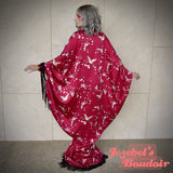Cherry Blossom Japanese Crane, Art Nouveau Kimono, Fringe Bat Wing Goddess Dressing Gown, Flowing Geisha Red Black Cocoon Robe Bohemian Poiret Wrap Drag Queen Burlesque Dance Carnival Drop Waist Theater Costume Majestic Jezebel's Boudoir Duster Boho