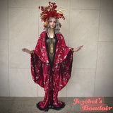 Cherry Blossom Japanese Crane, Art Nouveau Kimono, Fringe Bat Wing Goddess Dressing Gown, Flowing Geisha Red Black Cocoon Robe Bohemian Poiret Wrap Drag Queen Burlesque Dance Carnival Drop Waist Theater Costume Majestic Jezebel's Boudoir Duster Boho