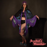Luna Moth Geometric Moon Star Purple Black Witch Bat Wing Fortune Teller Oracle Duster Kimono Priestess Fringe Dressing Gown Festival Mystical Blue Oddity Robe Flowing Belly Bohemian Dance Wrap Goddess Fantasy Queen Costume Jezebel's Boudoir Wings