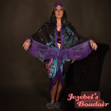 Luna Moth Geometric Moon Star Purple Black Witch Bat Wing Fortune Teller Oracle Duster Kimono Priestess Fringe Dressing Gown Festival Mystical Blue Oddity Robe Flowing Belly Bohemian Dance Wrap Goddess Fantasy Queen Costume Jezebel's Boudoir Wings