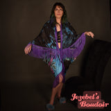 Luna Moth Geometric Moon Star Purple Black Witch Bat Wing Fortune Teller Oracle Duster Kimono Priestess Fringe Dressing Gown Festival Mystical Blue Oddity Robe Flowing Belly Bohemian Dance Wrap Goddess Fantasy Queen Costume Jezebel's Boudoir Wings