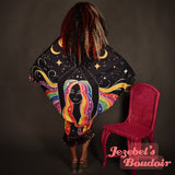 Rainbow Goddess Celestial Priestess Star Moon Phases Fortune Teller Art Nouveau Trippy Flowing Neon Bat Wing Dressing Gown Oracle Bohemian Cocoon Robe Metallic Fringe Kimono Goddess Duster Belly Dance Wrap Costume Festival Boudoir Mardi Gras New Orleans