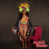 Rainbow Goddess Celestial Priestess Star Moon Phases Fortune Teller Art Nouveau Trippy Flowing Neon Bat Wing Dressing Gown Oracle Bohemian Cocoon Robe Metallic Fringe Kimono Goddess Duster Belly Dance Wrap Costume Festival Boudoir Mardi Gras New Orleans
