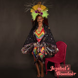 Rainbow Goddess Celestial Priestess Star Moon Phases Fortune Teller Art Nouveau Trippy Flowing Neon Bat Wing Dressing Gown Oracle Bohemian Cocoon Robe Metallic Fringe Kimono Goddess Duster Belly Dance Wrap Costume Festival Boudoir Mardi Gras New Orleans