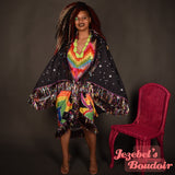 Rainbow Goddess Celestial Priestess Star Moon Phases Fortune Teller Art Nouveau Trippy Flowing Neon Bat Wing Dressing Gown Oracle Bohemian Cocoon Robe Metallic Fringe Kimono Goddess Duster Belly Dance Wrap Costume Festival Boudoir Mardi Gras New Orleans