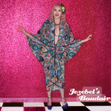 Caftan Beach Cover Pom Pom Tassel Wrap Shawl Kaftan Tiki Leopard Palm Neon Kimono Burlesque Tropical Oasis Dingle Balls Rainbow Cocoon Dressing Gown Teal Caribbean Damask Moroccan Retro Hukilau Kimono Viva Las Vegas Carnival Mardi Gras Festival